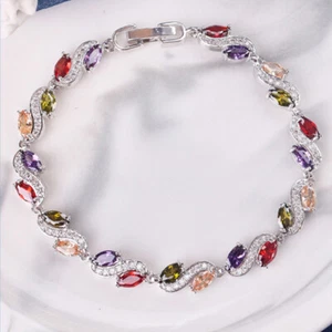 New Flower Rainbow Mix Color Amethyst Topaz Gems Silver Women Charm Bracelets - Picture 1 of 6