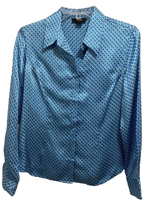 Camisa Alfani 10 Petite Seda Azul Estampado Diamante Manga Larga Satén Abotonada Usada en Excelente Condición Foto 1 de 4