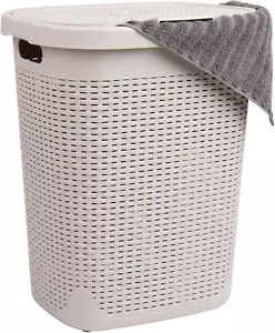 50L Slim Laundry Hamper, Clothes Basket, Lid, Wicker Design, Plastic, 17.65"L X - Picture 1 of 12