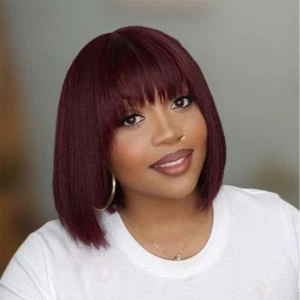 Glueless Short Bob Straight Human Hair Wigs with Bangs, Burgundy Non Lace Fro... - Picture 1 of 7