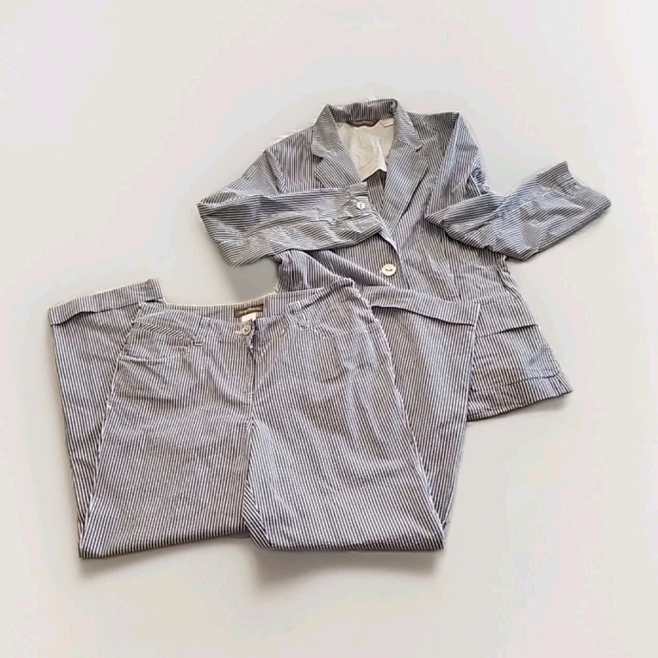 Tommy Bahama Womens Blue Striped Cotton Blazer Suit Set Size M 8/10 Flawed READ - Image 1 of 4