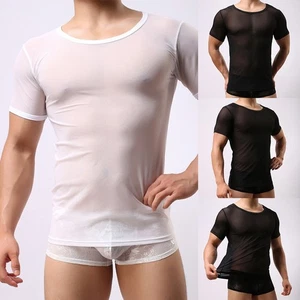 Men's Stylish See Through Fishnet T Shirt Short Sleeve Clubwear Muscle Top - Picture 1 of 30