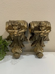 Vtg Ornate Resin Cherub Angel Swirl Acanthus Leaf Gold Black Corbel Sconce Lot 2 - Picture 1 of 9