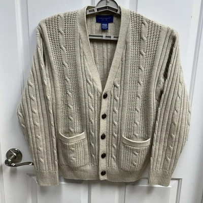 复古 Towncraft 男式 M 开衫针织毛衣 Vneck 米色口袋爷爷 — 第 1/4 张图片