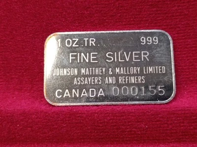 Barra de plata vintage Johnson Matthey & Mallory 1 oz 999, serie #000155 Foto 1 de 3