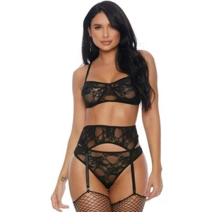 Lace Bra Set Underwire Adjustable Garter Belt Panty Sheer Black 779379 Medium - Picture 1 of 4