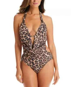 Bar III Animal-Print Cowlneck One-Piece Swimsuit 17D natural XS leopard - Picture 1 of 3