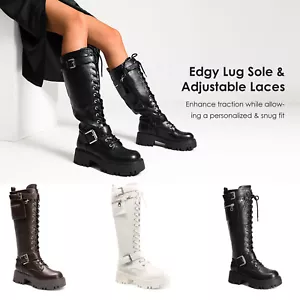 Women Motorcycle Boots Knee High Boots Lace Up Fall Lug Sole Gothic Functional - Picture 1 of 12