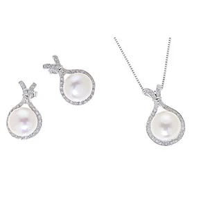 PARURE GIROCOLLO  ORECCHINI PERLA CON MOTIVO ZIRCONI ARGENTO 925 GIOIELLI ARVI - Foto 1 di 1