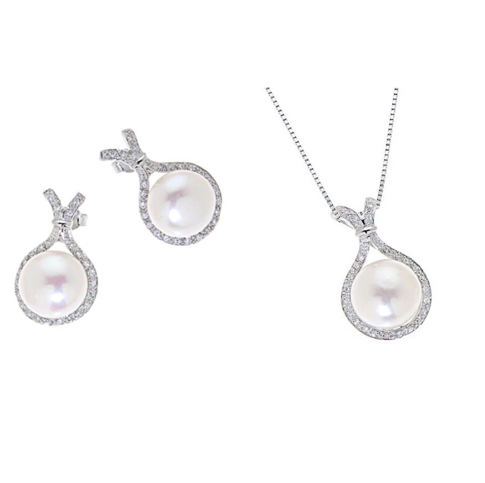 PARURE GIROCOLLO  ORECCHINI PERLA CON MOTIVO ZIRCONI ARGENTO 925 GIOIELLI ARVI - Immagine 1 di 1
