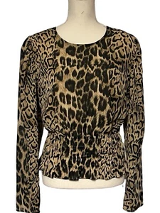 Express Womens Top Leopard Black Brown Puff Sleeve Smocked Waist Blouse Size XL - Picture 1 of 19