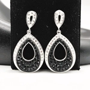 Black and White Natural Crystal Dangle Earrings 2.00ctw 18k White Gold - Picture 1 of 4