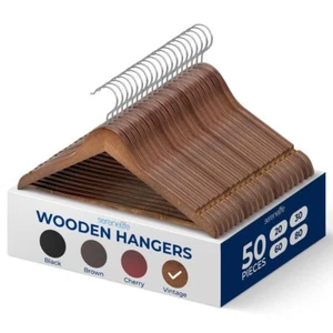 SereneLife 50 Pcs Wooden Hangers - Non-Slip w/ Chrome 360° Swivel Hook - Picture 1 of 7