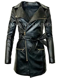 Women's Zip-up Long Jacket Belt Real Leather Trench Coat - Picture 1 of 7