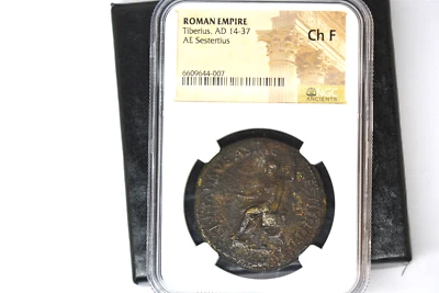 Tiberio, como Augusto (14-37 d.C.). AE sestercio (35mm, 6h). NGC Choice Fine Foto 1 de 4