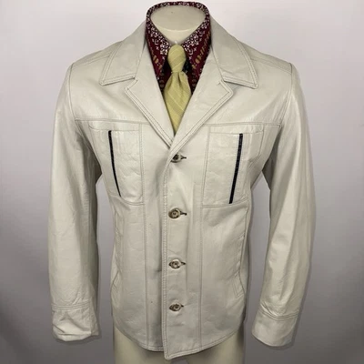 Chaqueta De Colección Años 60 70 Caña Cuero Crema Gabardina Motociclista Mod Hombres 42 Foto 1 de 4