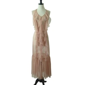 Spell & The Gypsy Fluttering Ruffle Lace Luna Mesh Dress Gown Nude Pink Womens S - Picture 1 of 7