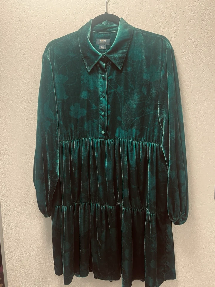Anthropologie Maeve green teal Velvet floral mini Dress with two pockets NWOT - Image 1 of 4