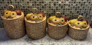 Vintage Basket Weave Canister Jar Set Of 4 Daisy Lid Ceramic Pottery RETRO - Picture 1 of 24