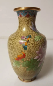 Cloisonne Vase Yellow with pink floral pattern Beautiful Butterfly 6" - Bild 1 von 7