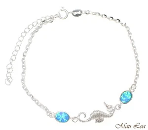 925 Sterlingsilber Rhodium Hawaiianisches Seepferdchen blau Opal Glied Kette Armband 7 Zoll+