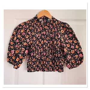NWOT H&M Shirred Floral Top Statement Sleeves 4 - Picture 1 of 3