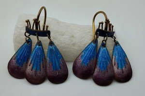 Vintage Enamel Chinese Blue Purple Dangle Hook Wire Earrings Sterling Silver 925 - Picture 1 of 5