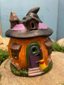Halloween Witches Pumpkin Shaped House Porcelain Witch Hat Shaped Roof - Picture 1 of 6