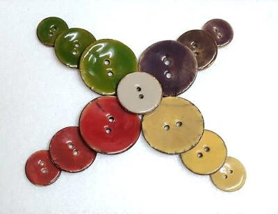 Ceramic Glazed Coconut Shell Button 2 Hole Sewing Crafts Red Green Purple Yellow - Image 1 of 4