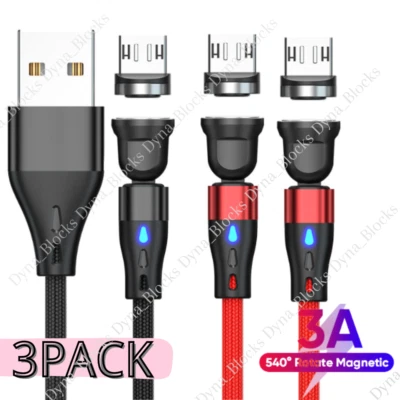540° Rotate Magnetic Phone Charger Charging Micro Cable 3A For Android Samsung - Image 1 of 4