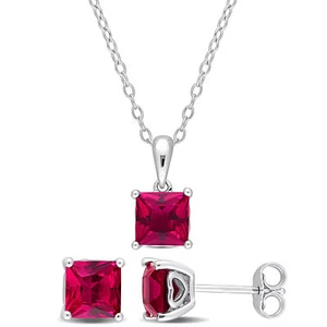 Amour Sterling Silver 4 3/8 CT TGW Square Created Ruby Earrings & Pendant - Picture 1 of 5