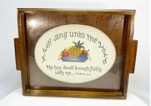 Vintage Needlepoint Wood And Glass Serving Tray 8.75 “x 11.75” Psalms 13:6 - Picture 1 of 11