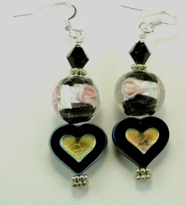 Schwarz Herz & Blumen Hänger Lampwork Ohrringe Kristall Handarbeit Chic Schmuck - Bild 1 von 1