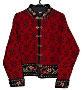 Icelandic Design Embroidered Red Wool Clasp Cardigan Sweater Women's Size Large - Picture 1 of 21