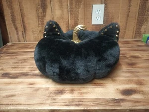 GOTH Halloween Plush Faux Fur Black Cat Pumpkin Pillow Gold Spike Studded Ears - Picture 1 of 7