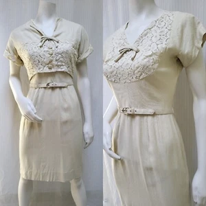 2 Piece Vintage 50's ORIGINAL FRANKLIN Cream DRESS & BOLERO JACKET - Size S - Picture 1 of 20