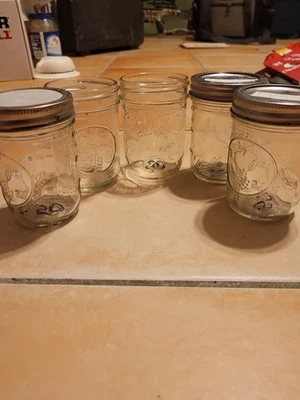 6 VTG Kerr Country Kitchen Fruit Embossed 2 oz Canning Jars Grapes Strawberries - Image 1 of 3