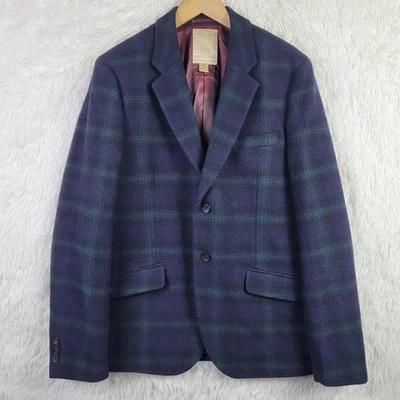 Scotch & Soda Mens L Blue & Green Check Tweed Wool Blend Pea Coat Classic - Image 1 of 4