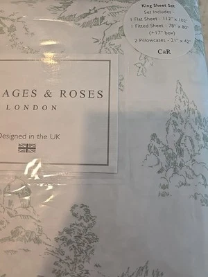 Cabbages and Roses King Sheet Set Country Toile  Cotton Percale New sage green - Image 1 of 4