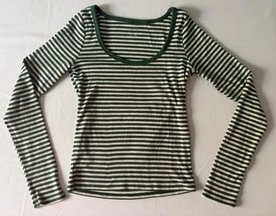 Hollister Women's Size M Long Slim Fit Green & White Striped Long Sleeve Top - Image 1 of 2