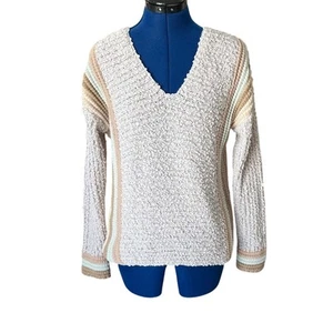 Mystree Anthropologie Chenille Striped Sweater Womens Size S Soft Cottage V Neck - Picture 1 of 7
