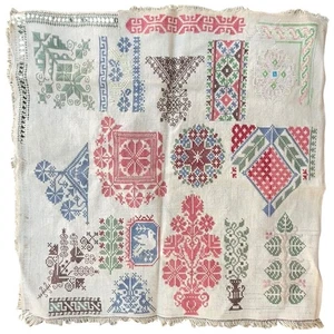 19th Century Embroidery Stitched Sampler Intricate Multi-Color Pattern On Linen - Picture 1 of 10