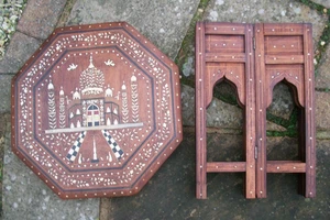 OUTSTANDING ANTIQUE OCTAGONAL INDIAN HOSHIAPUR INLAID FOLDING SIDE  TABLE - Picture 1 of 8