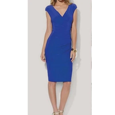 Vestido LAUREN RALPH LAUREN Satén Sobrepelliz Imperio Cintura Azul Acanalado Talla 14 Elegante Foto 1 de 4
