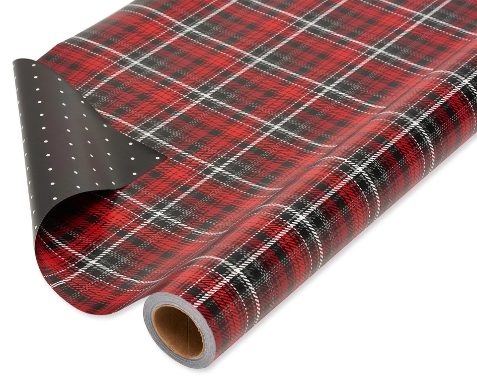 Christmas Wrapping Paper Reversible Jumbo Roll Red Black Plaid Polka Dots Wrap