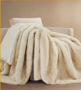 FRYE Luxe Faux Fur Luxur Throw, Reversible 60" X 70" Color Beige - Picture 1 of 3