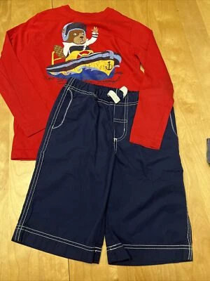 Usado en Excelente Condición Hanna Andersson Azul Marino Cubierta Pantalones Cortos LS Castor En Barco Camisa Roja 130 7 8 9 Foto 1 de 4