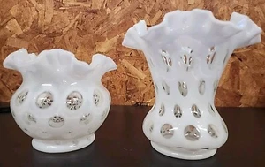 Pair of 2 Vintage Fenton White Coin Dot Vases - 6.25" Tall and 5" Tall - Picture 1 of 10
