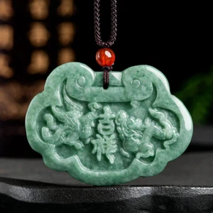 Chinese Natural Emerald Ruyi Dragon Phoenix Jade Pendant “如意龙凤呈祥” Necklace - Picture 1 of 5