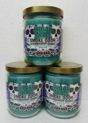 Vela tarro Smoke Odor Exterminator 13 oz, juego de tres velas calavera de azúcar. Foto 1 de 3
